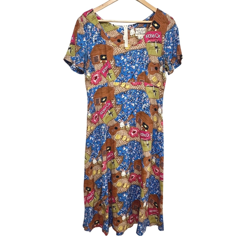 Vintage Reyn Spooner Hawaiian Aloha Rayon Midi Dress Blue Medium Island *Flaw